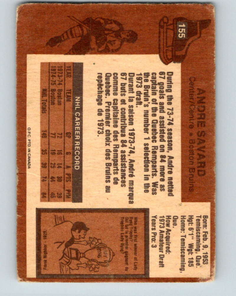 1975-76 O-Pee-Chee #155 Andre Savard Boston Bruins V5855