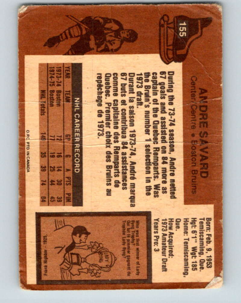 1975-76 O-Pee-Chee #155 Andre Savard Boston Bruins V5860