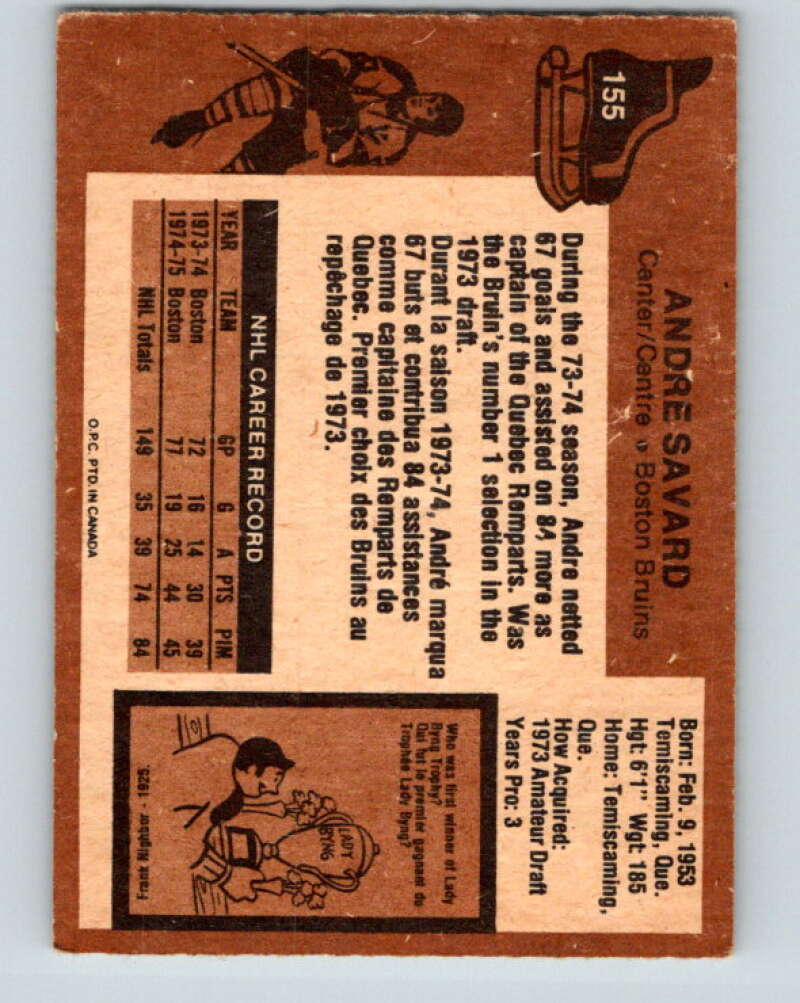 1975-76 O-Pee-Chee #155 Andre Savard Boston Bruins V5861