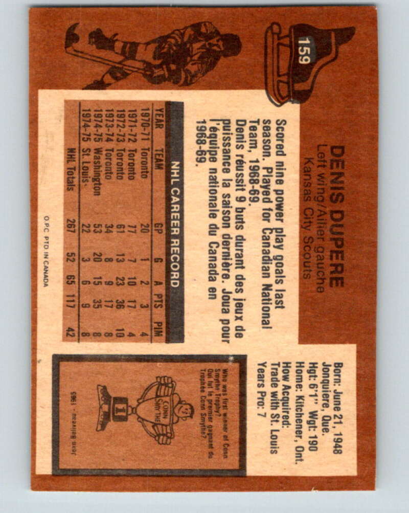 1975-76 O-Pee-Chee #159 Denis Dupere Kansas City Scouts V5878