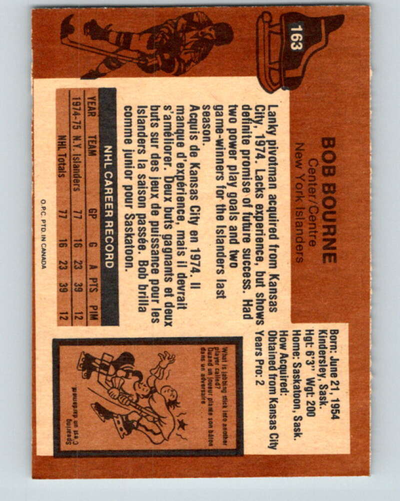 1975-76 O-Pee-Chee #163 Bob Bourne RC Rookie New York Islanders V5892