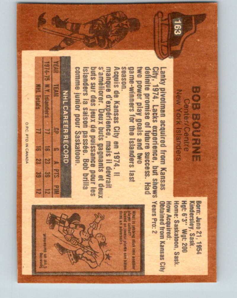 1975-76 O-Pee-Chee #163 Bob Bourne RC Rookie New York Islanders V5893