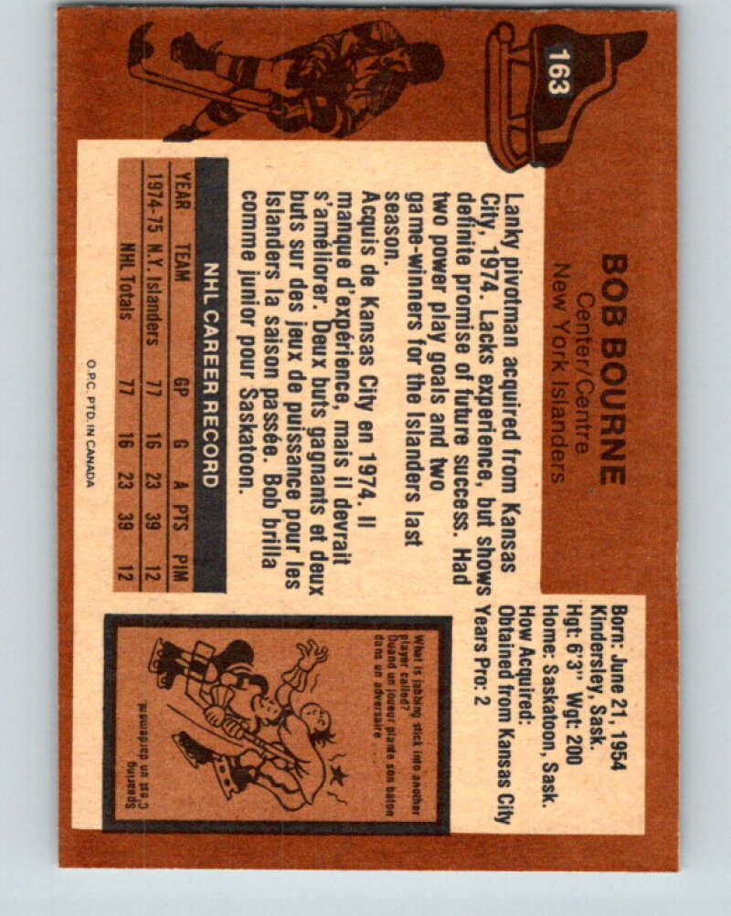 1975-76 O-Pee-Chee #163 Bob Bourne RC Rookie New York Islanders V5894