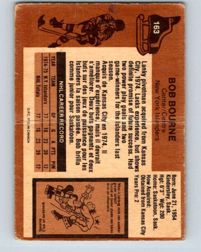 1975-76 O-Pee-Chee #163 Bob Bourne RC Rookie New York Islanders V5896