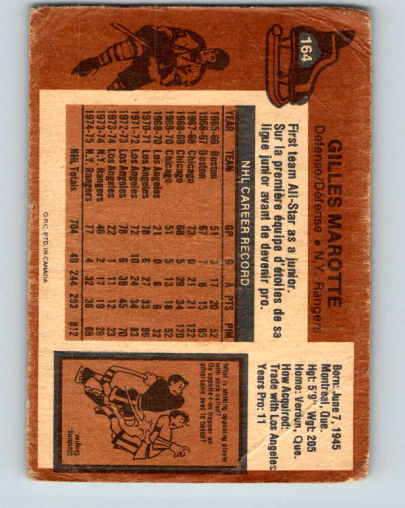 1975-76 O-Pee-Chee #164 Gilles Marotte New York Rangers V5897