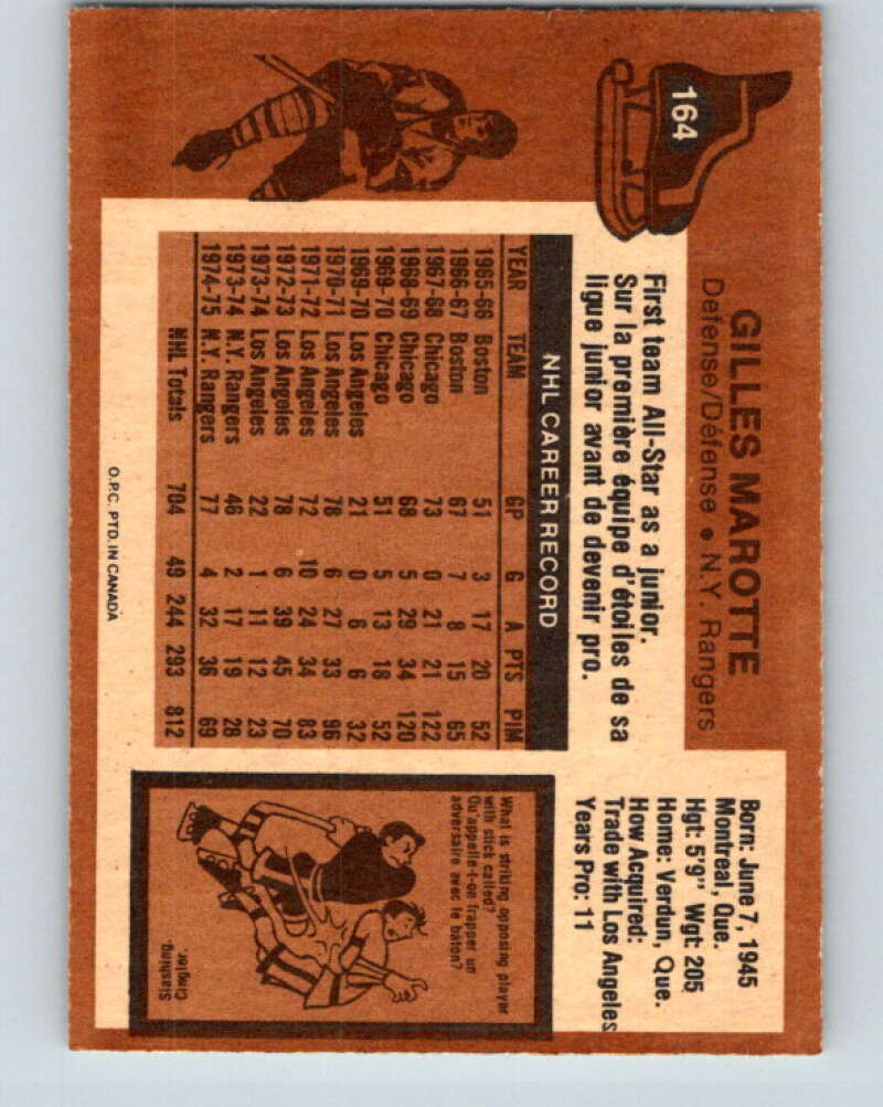 1975-76 O-Pee-Chee #164 Gilles Marotte New York Rangers V5898
