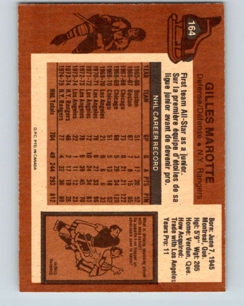 1975-76 O-Pee-Chee #164 Gilles Marotte New York Rangers V5899