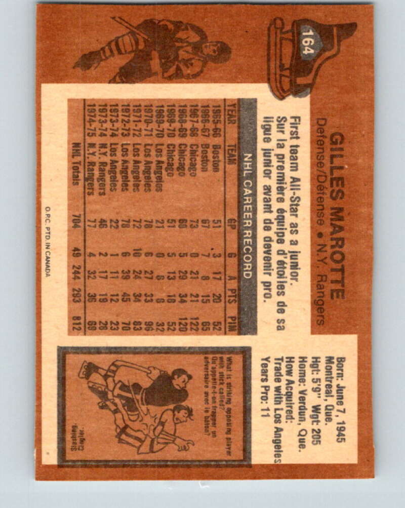 1975-76 O-Pee-Chee #164 Gilles Marotte New York Rangers V5901