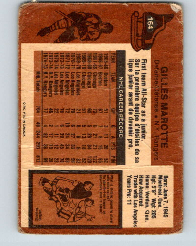 1975-76 O-Pee-Chee #164 Gilles Marotte New York Rangers V5902