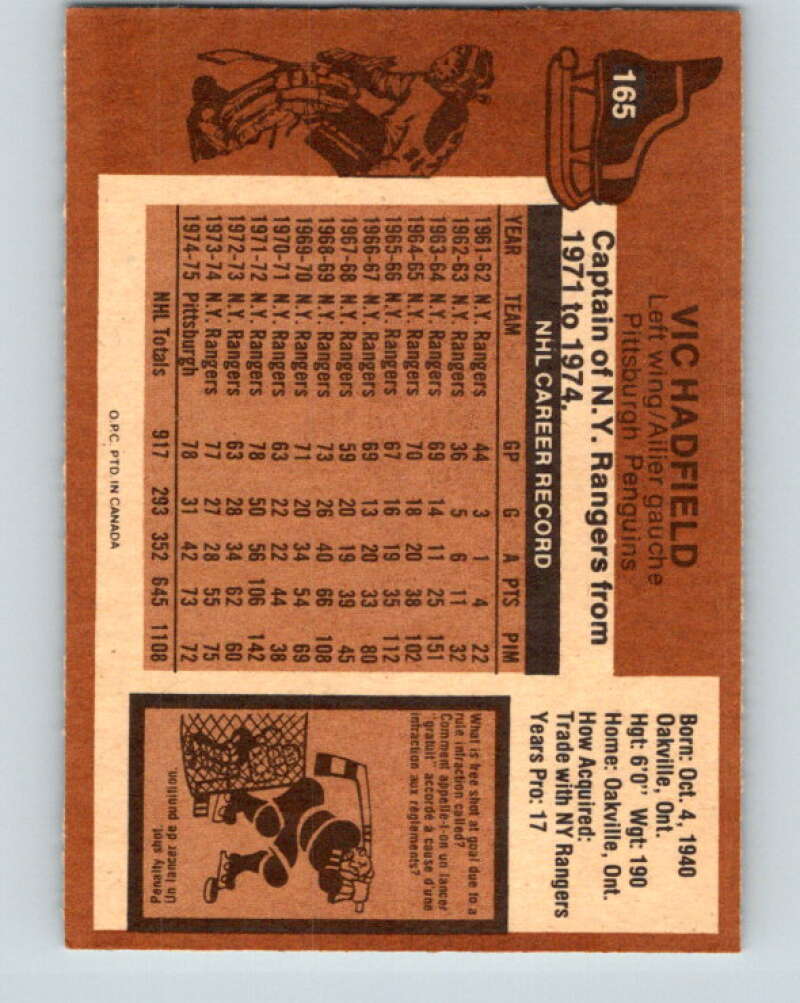 1975-76 O-Pee-Chee #165 Vic Hadfield Pittsburgh Penguins V5904