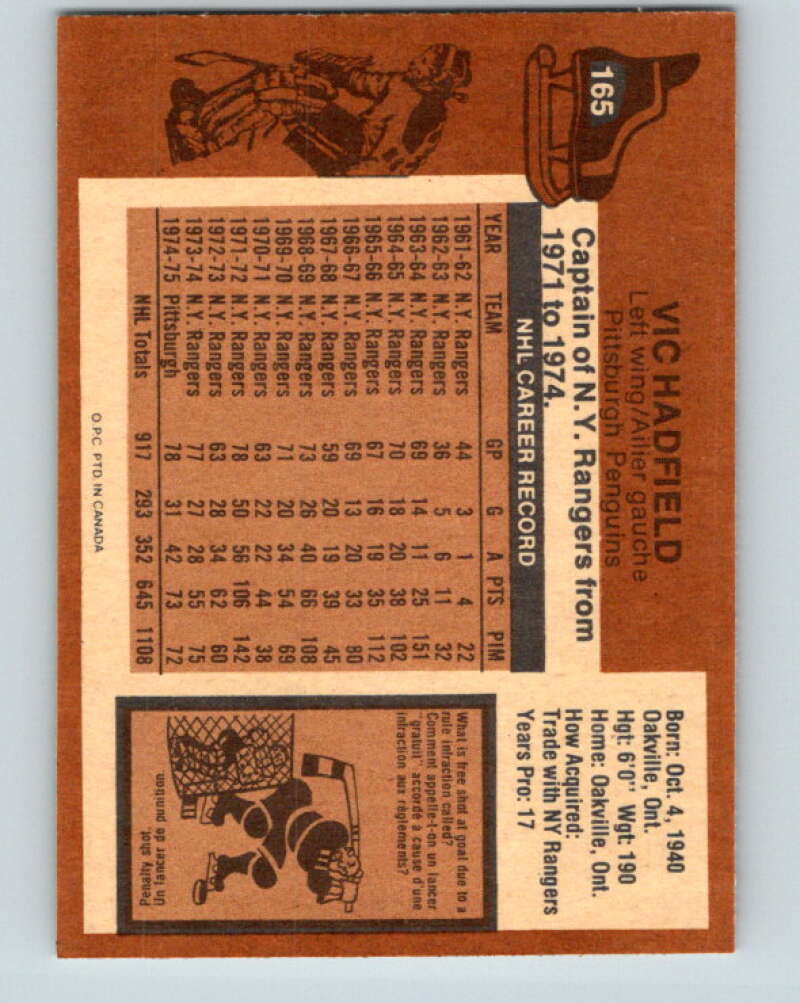 1975-76 O-Pee-Chee #165 Vic Hadfield Pittsburgh Penguins V5905
