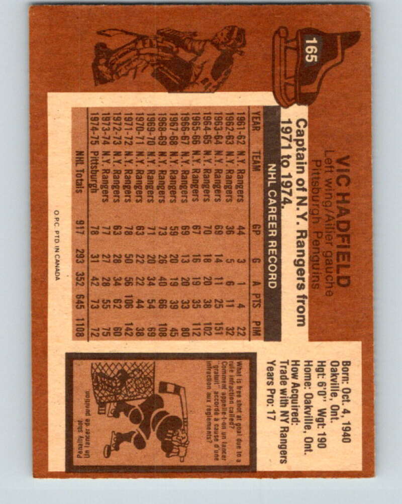 1975-76 O-Pee-Chee #165 Vic Hadfield Pittsburgh Penguins V5906