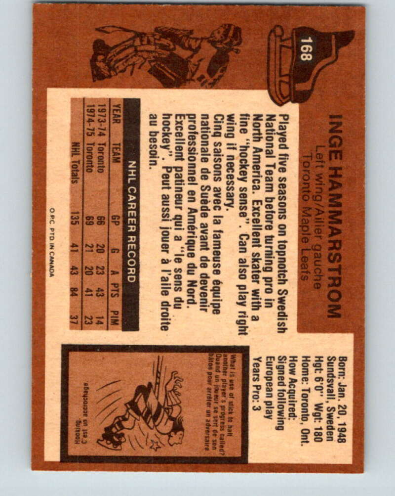 1975-76 O-Pee-Chee #168 Inge Hammarstrom Toronto Maple Leafs V5916