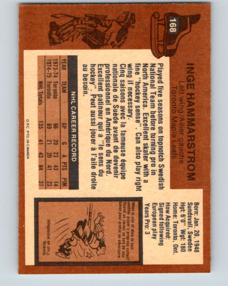 1975-76 O-Pee-Chee #168 Inge Hammarstrom Toronto Maple Leafs V5917