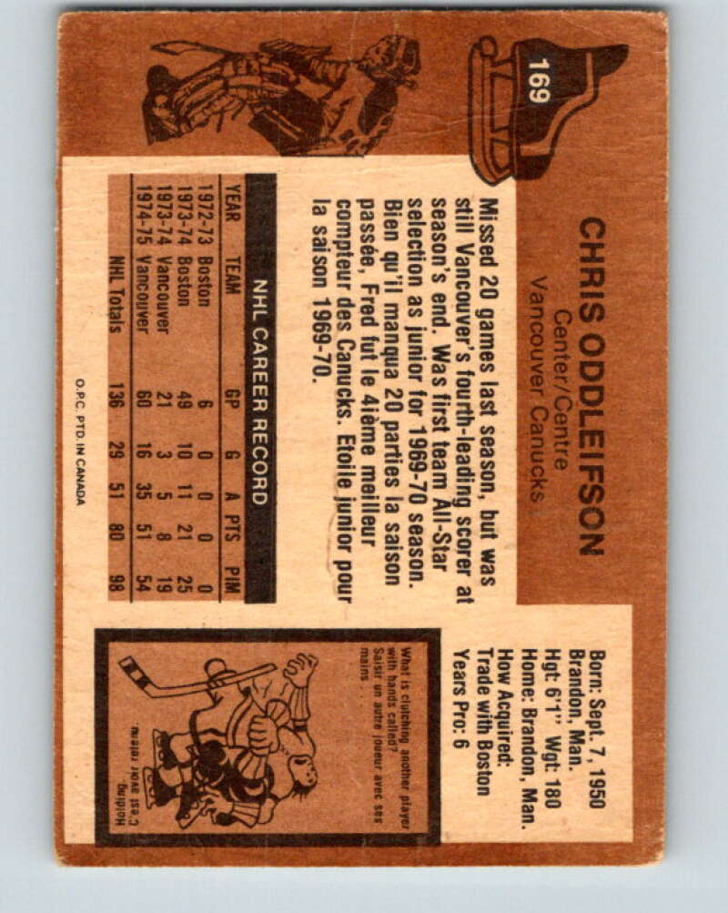 1975-76 O-Pee-Chee #169 Chris Oddleifson Vancouver Canucks V5923