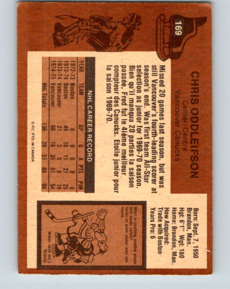 1975-76 O-Pee-Chee #169 Chris Oddleifson Vancouver Canucks V5924