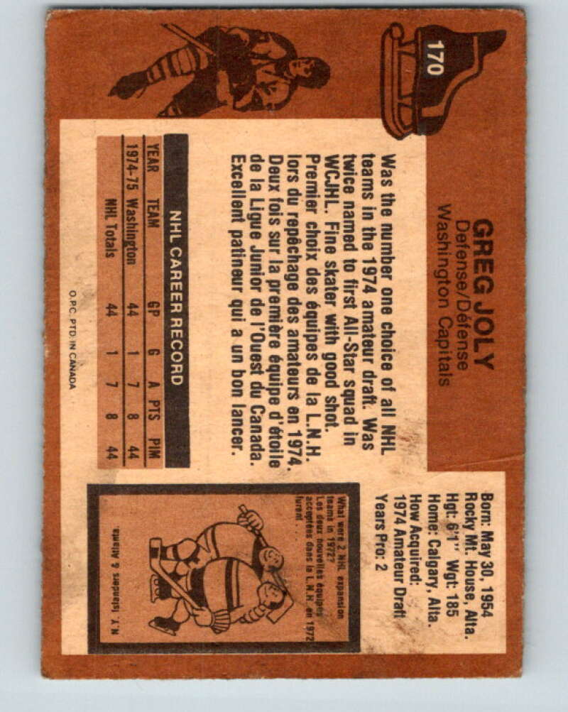1975-76 O-Pee-Chee #170 Greg Joly Washington Capitals V5927
