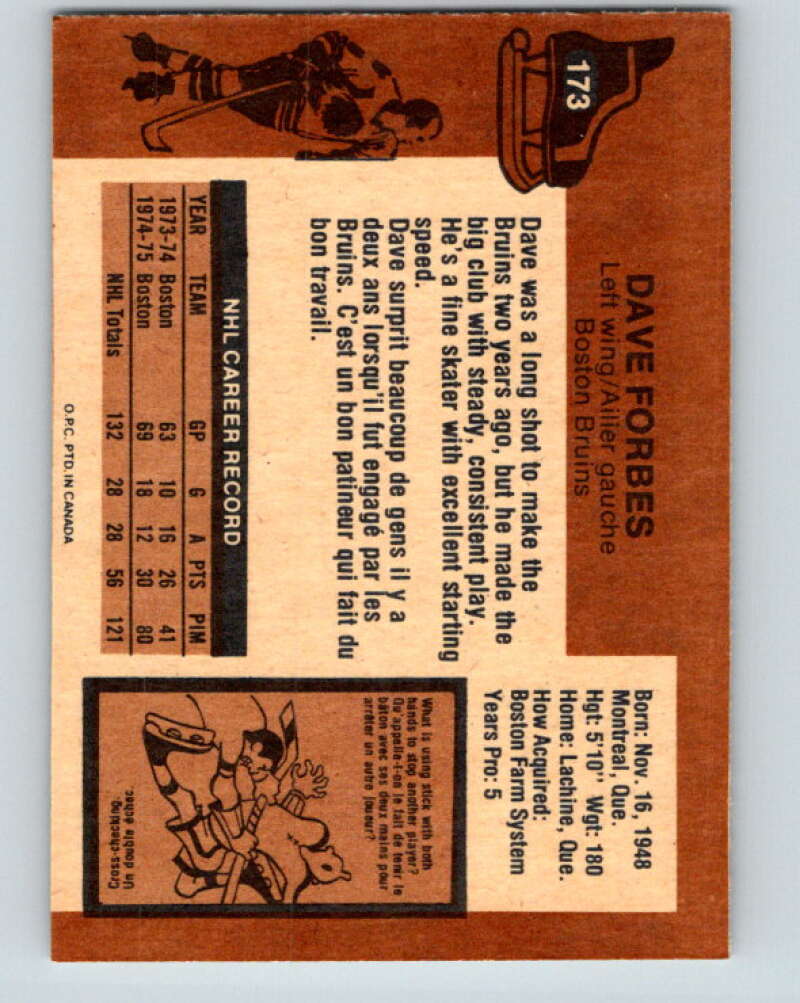 1975-76 O-Pee-Chee #173 Dave Forbes Boston Bruins V5936