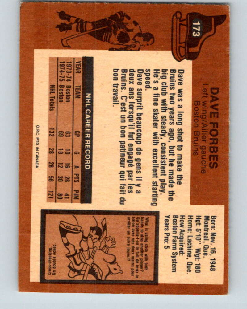 1975-76 O-Pee-Chee #173 Dave Forbes Boston Bruins V5937