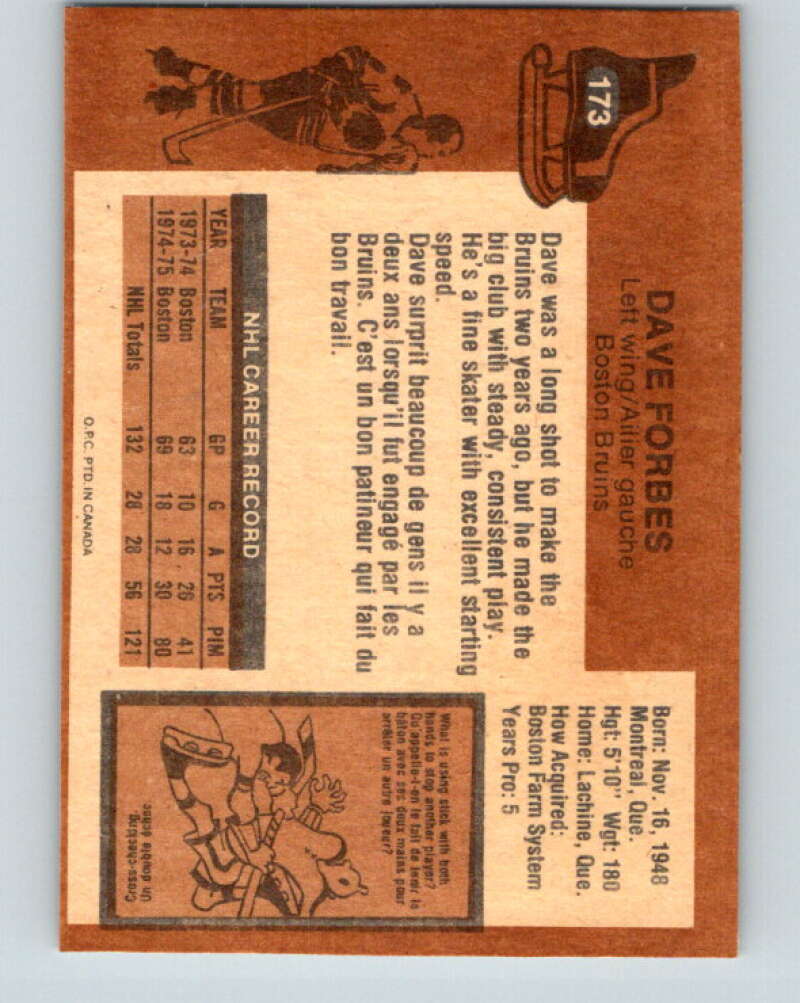 1975-76 O-Pee-Chee #173 Dave Forbes Boston Bruins V5938