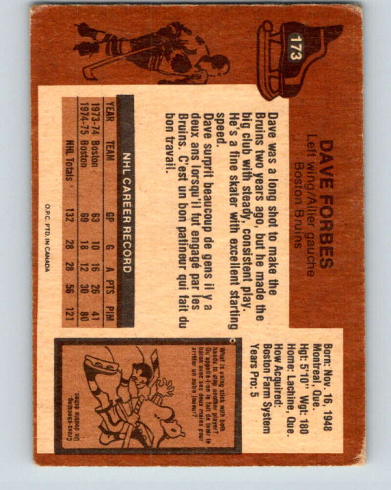 1975-76 O-Pee-Chee #173 Dave Forbes Boston Bruins V5939