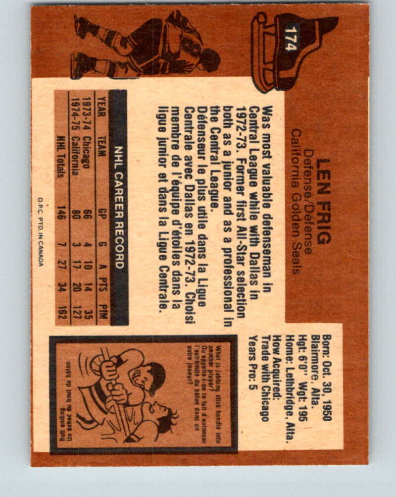 1975-76 O-Pee-Chee #174 Len Frig California Golden Seals V5941
