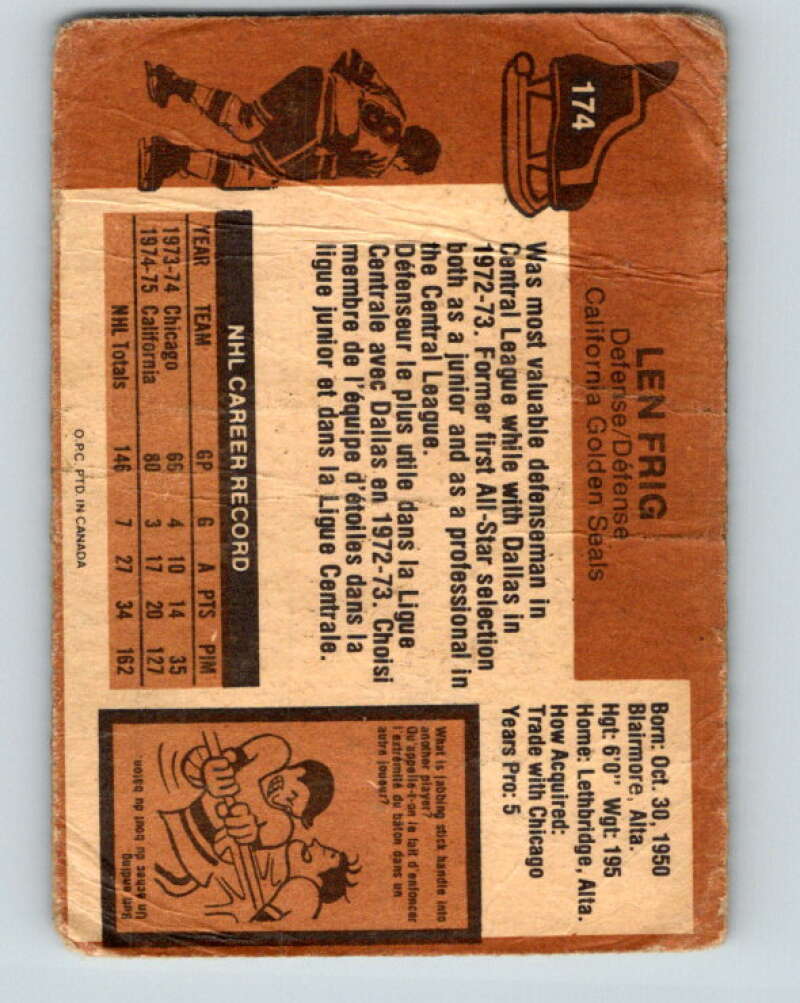 1975-76 O-Pee-Chee #174 Len Frig California Golden Seals V5942