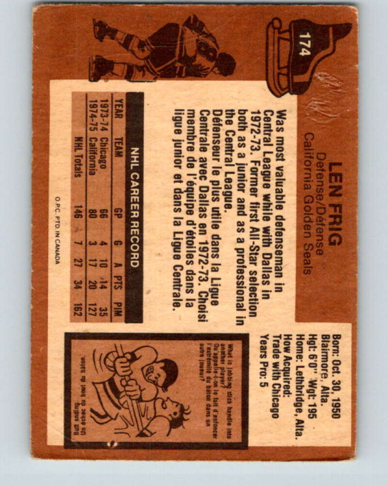 1975-76 O-Pee-Chee #174 Len Frig California Golden Seals V5943