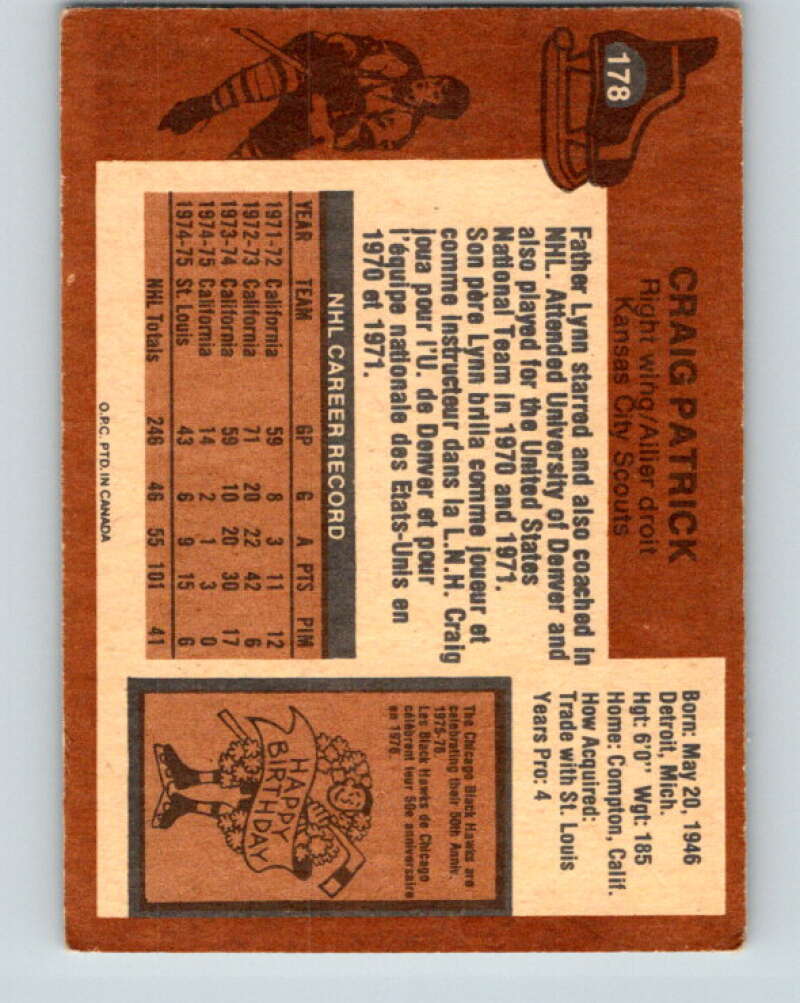 1975-76 O-Pee-Chee #178 Craig Patrick Kansas City Scouts V5960