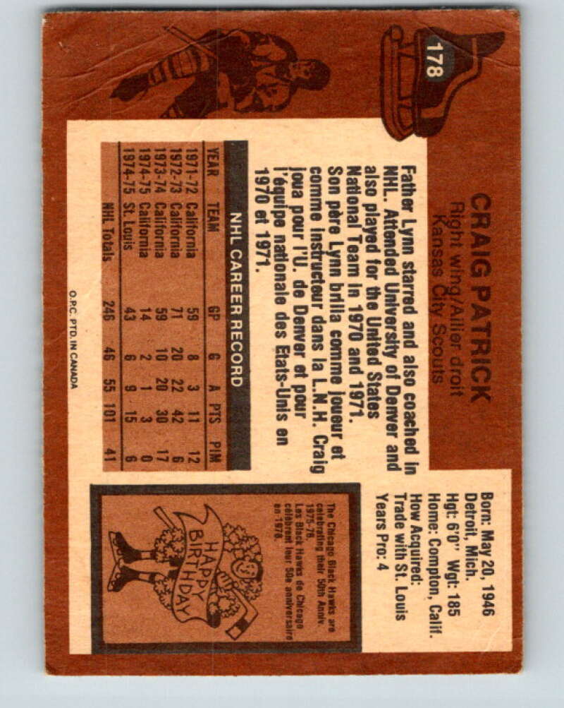 1975-76 O-Pee-Chee #178 Craig Patrick Kansas City Scouts V5961
