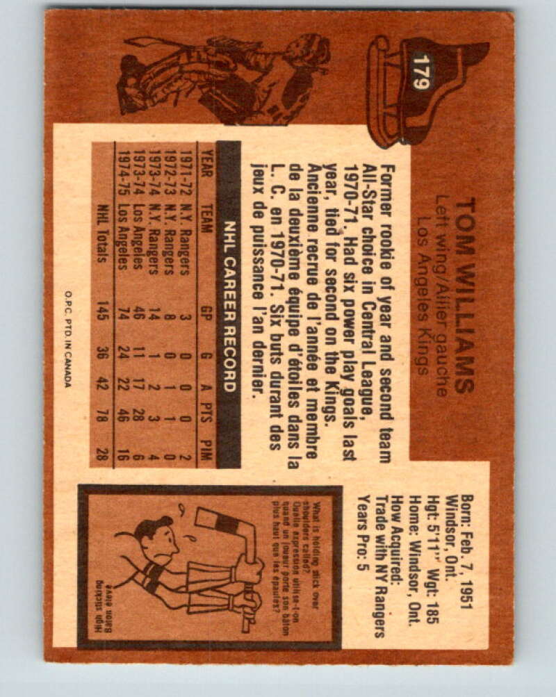 1975-76 O-Pee-Chee #179 Tom Williams Los Angeles Kings V5963