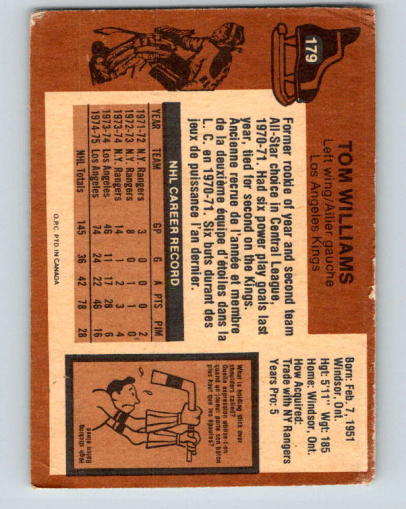 1975-76 O-Pee-Chee #179 Tom Williams Los Angeles Kings V5964