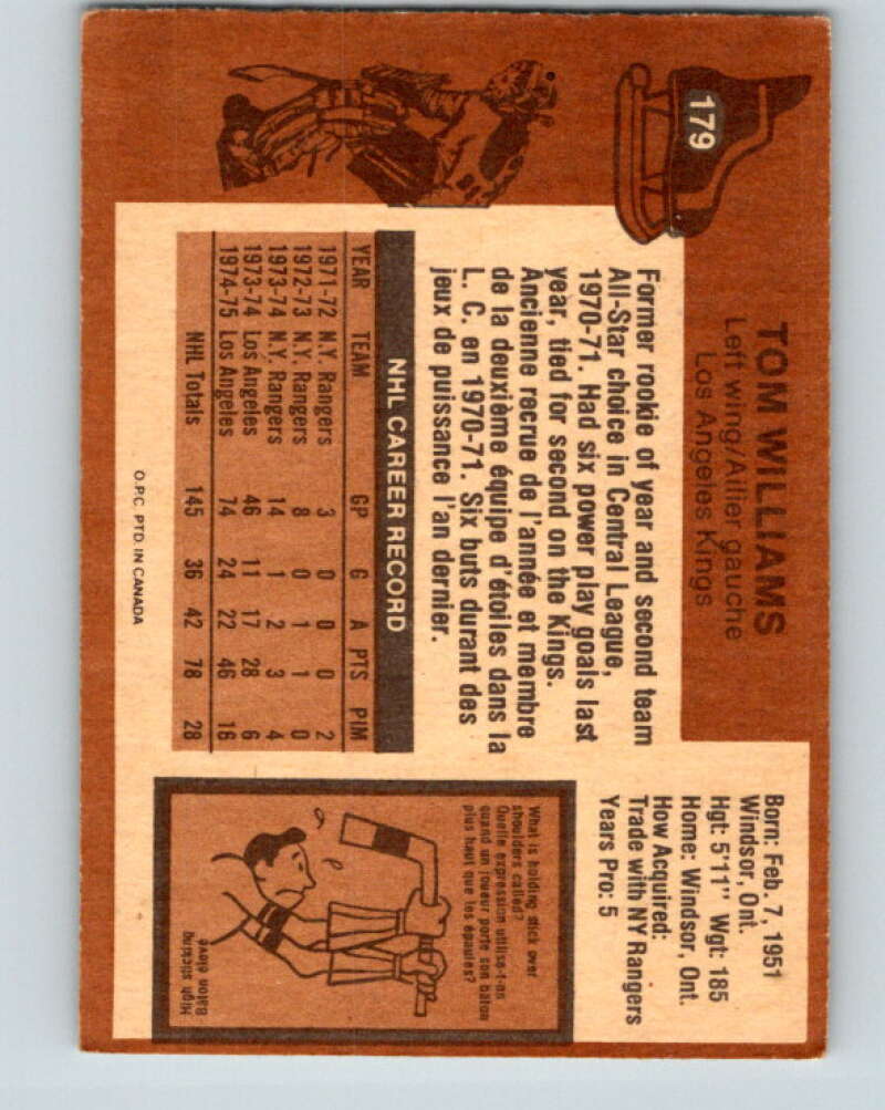 1975-76 O-Pee-Chee #179 Tom Williams Los Angeles Kings V5965