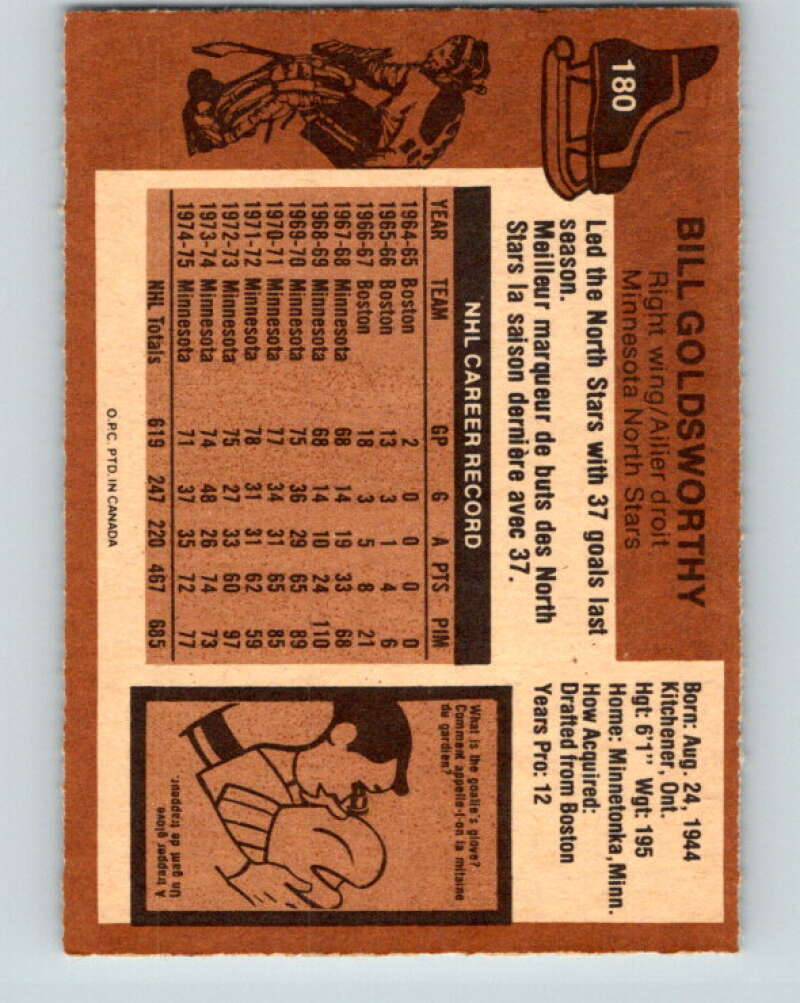 1975-76 O-Pee-Chee #180 Bill Goldsworthy Minnesota North Stars V5967
