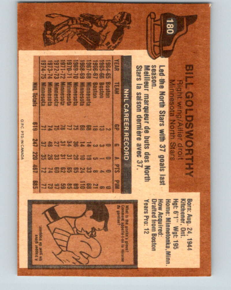 1975-76 O-Pee-Chee #180 Bill Goldsworthy Minnesota North Stars V5970
