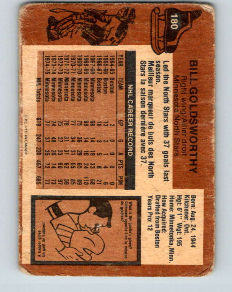 1975-76 O-Pee-Chee #180 Bill Goldsworthy Minnesota North Stars V5971
