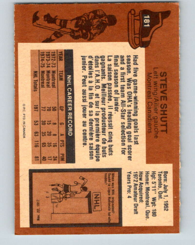 1975-76 O-Pee-Chee #181 Steve Shutt Montreal Canadiens V5972