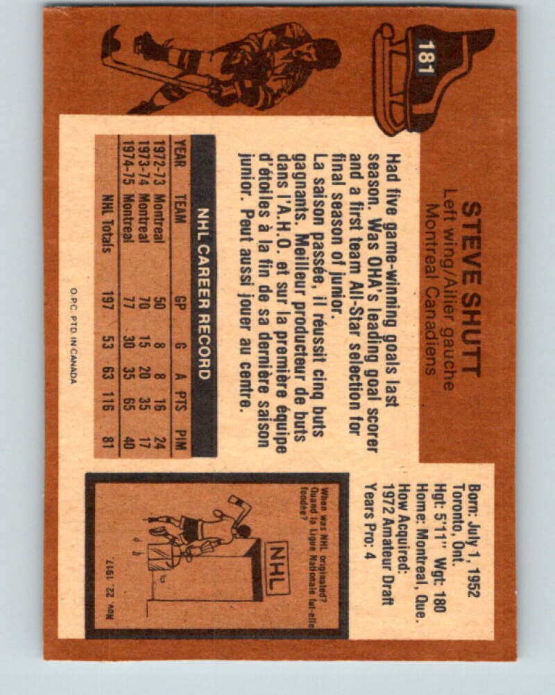 1975-76 O-Pee-Chee #181 Steve Shutt Montreal Canadiens V5974