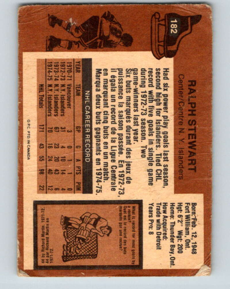 1975-76 O-Pee-Chee #182 Ralph Stewart New York Islanders V5977