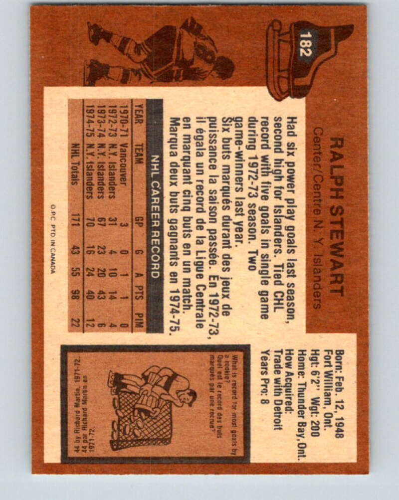 1975-76 O-Pee-Chee #182 Ralph Stewart New York Islanders V5978