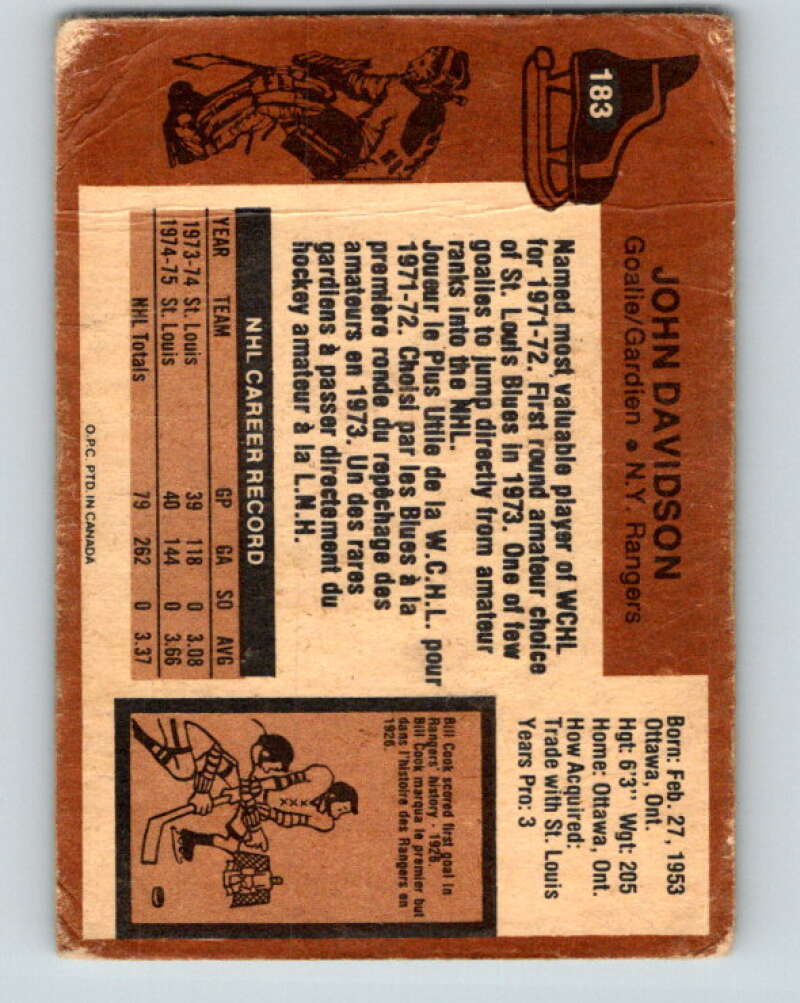 1975-76 O-Pee-Chee #183 John Davidson New York Rangers V5981