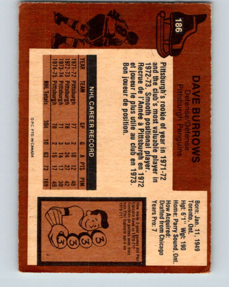 1975-76 O-Pee-Chee #186 Dave Burrows Pittsburgh Penguins V5989