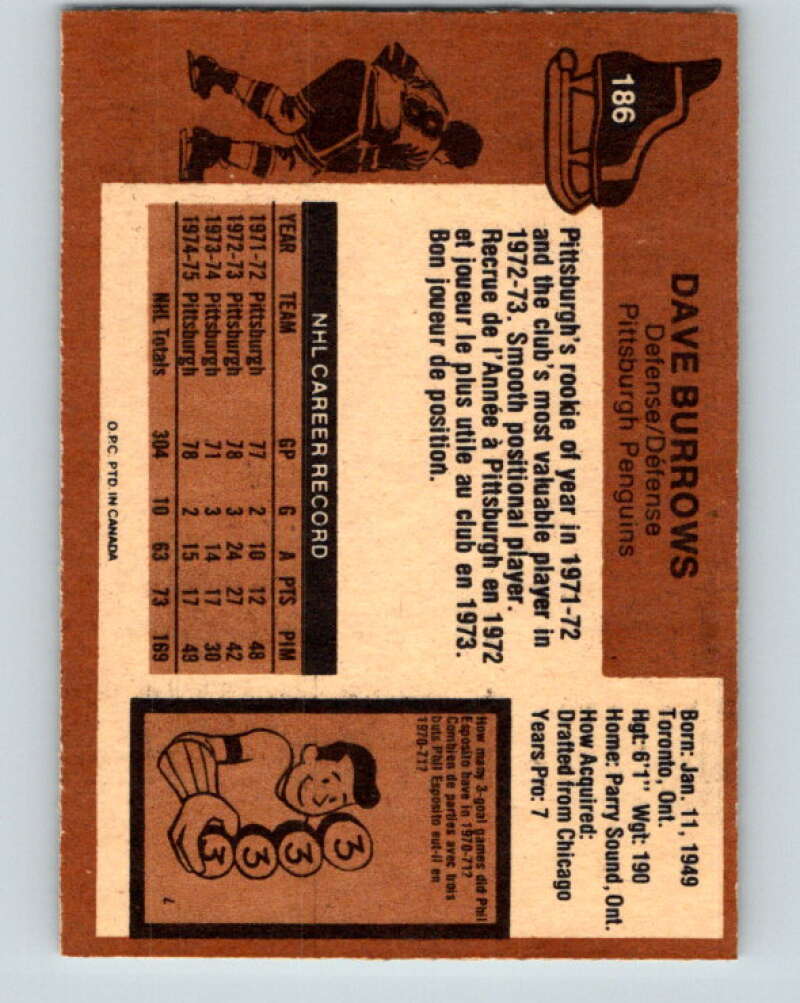 1975-76 O-Pee-Chee #186 Dave Burrows Pittsburgh Penguins V5990