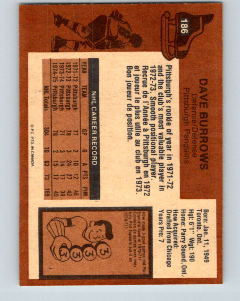 1975-76 O-Pee-Chee #186 Dave Burrows Pittsburgh Penguins V5991