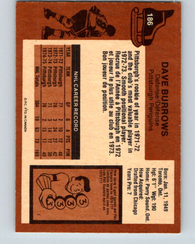 1975-76 O-Pee-Chee #186 Dave Burrows Pittsburgh Penguins V5992
