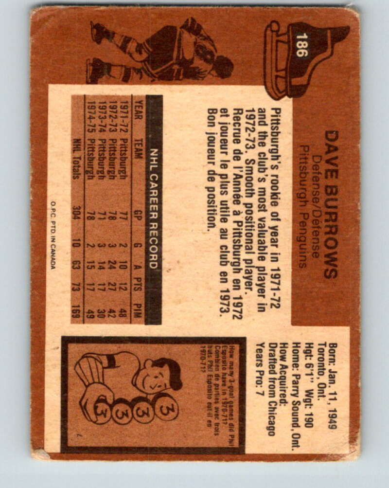 1975-76 O-Pee-Chee #186 Dave Burrows Pittsburgh Penguins V5993