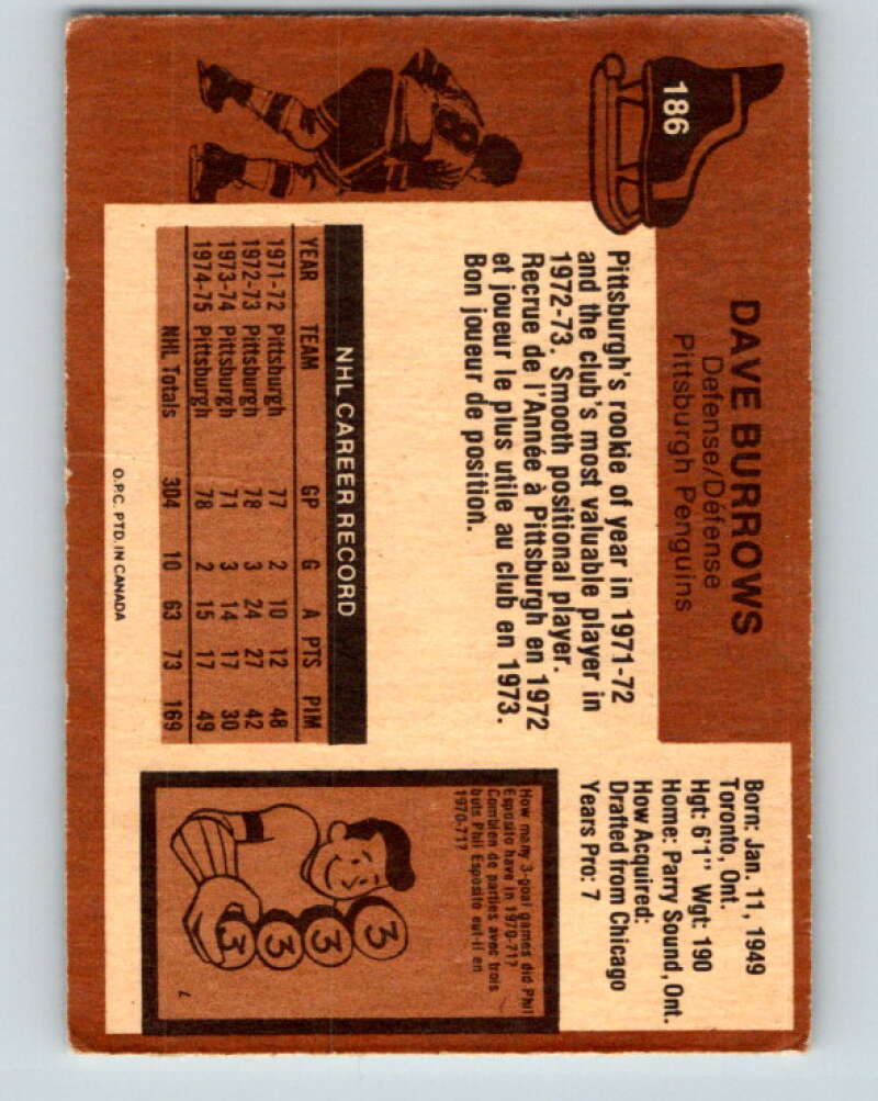 1975-76 O-Pee-Chee #186 Dave Burrows Pittsburgh Penguins V5994