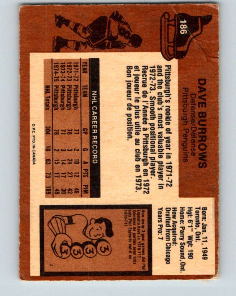 1975-76 O-Pee-Chee #186 Dave Burrows Pittsburgh Penguins V5995