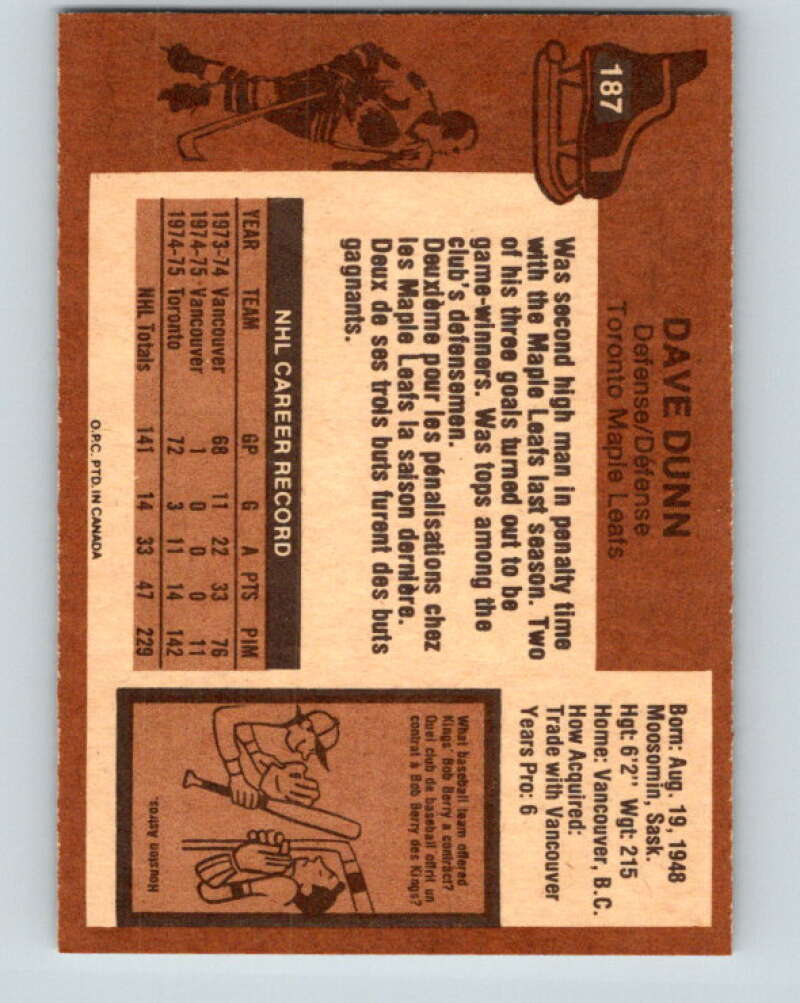 1975-76 O-Pee-Chee #187 Dave Dunn Toronto Maple Leafs V5996