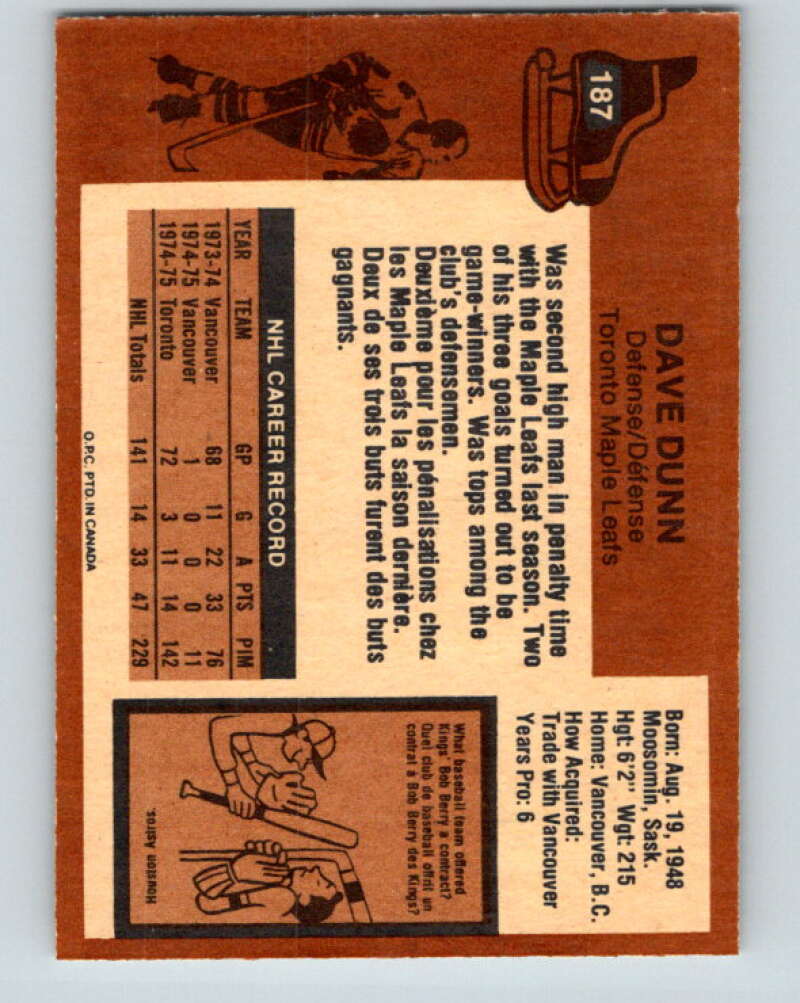 1975-76 O-Pee-Chee #187 Dave Dunn Toronto Maple Leafs V5997